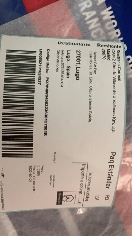 Comprobante de envío camiseta Francia 98